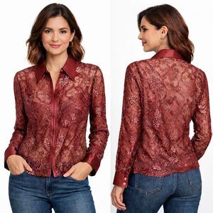 Cache Red Vintage  90's  Sheer Lace Satin Long Sleeve Zippered Top Blouse Large